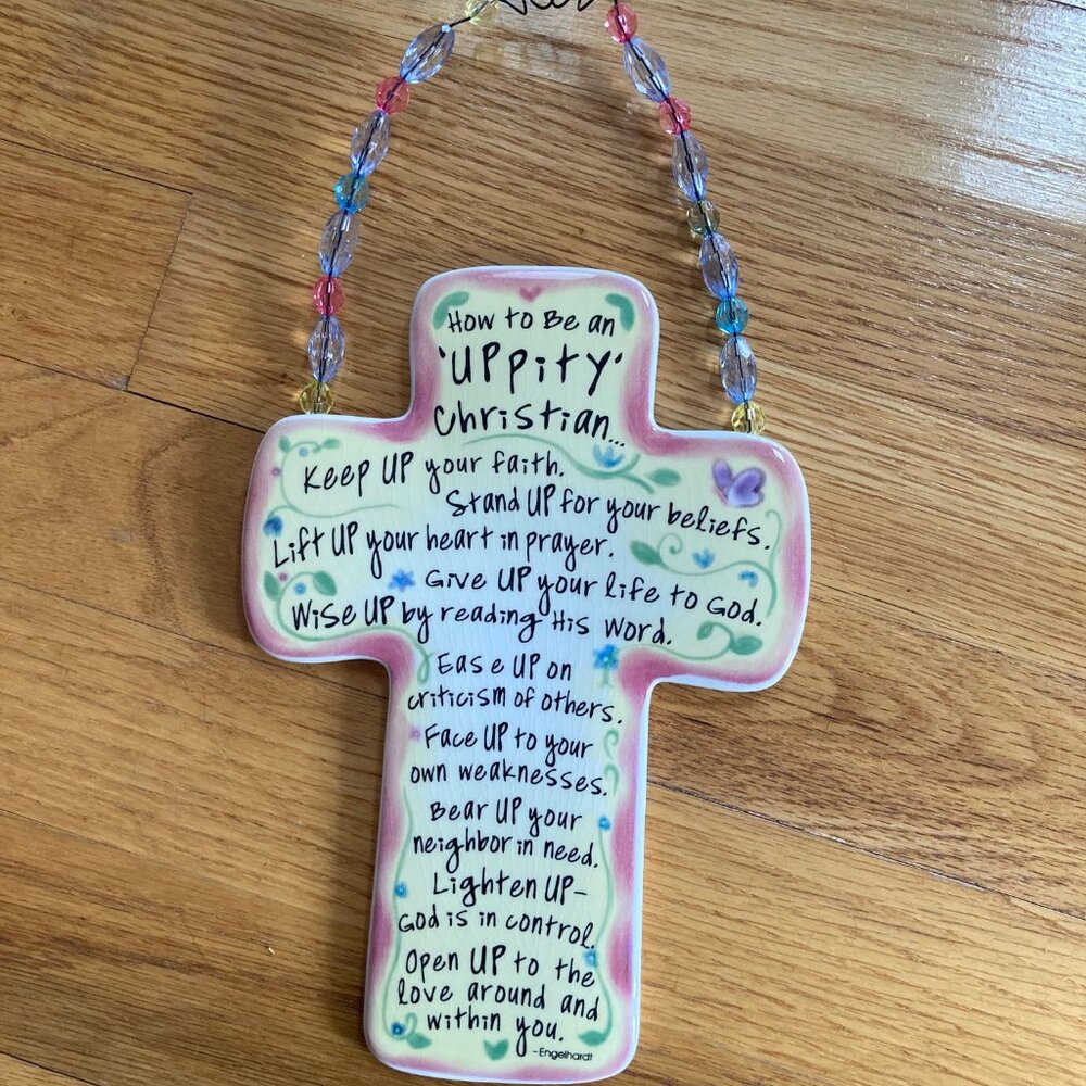 Pastel Pink Inspirational Cross Wall Hanging with Beaded Loop
